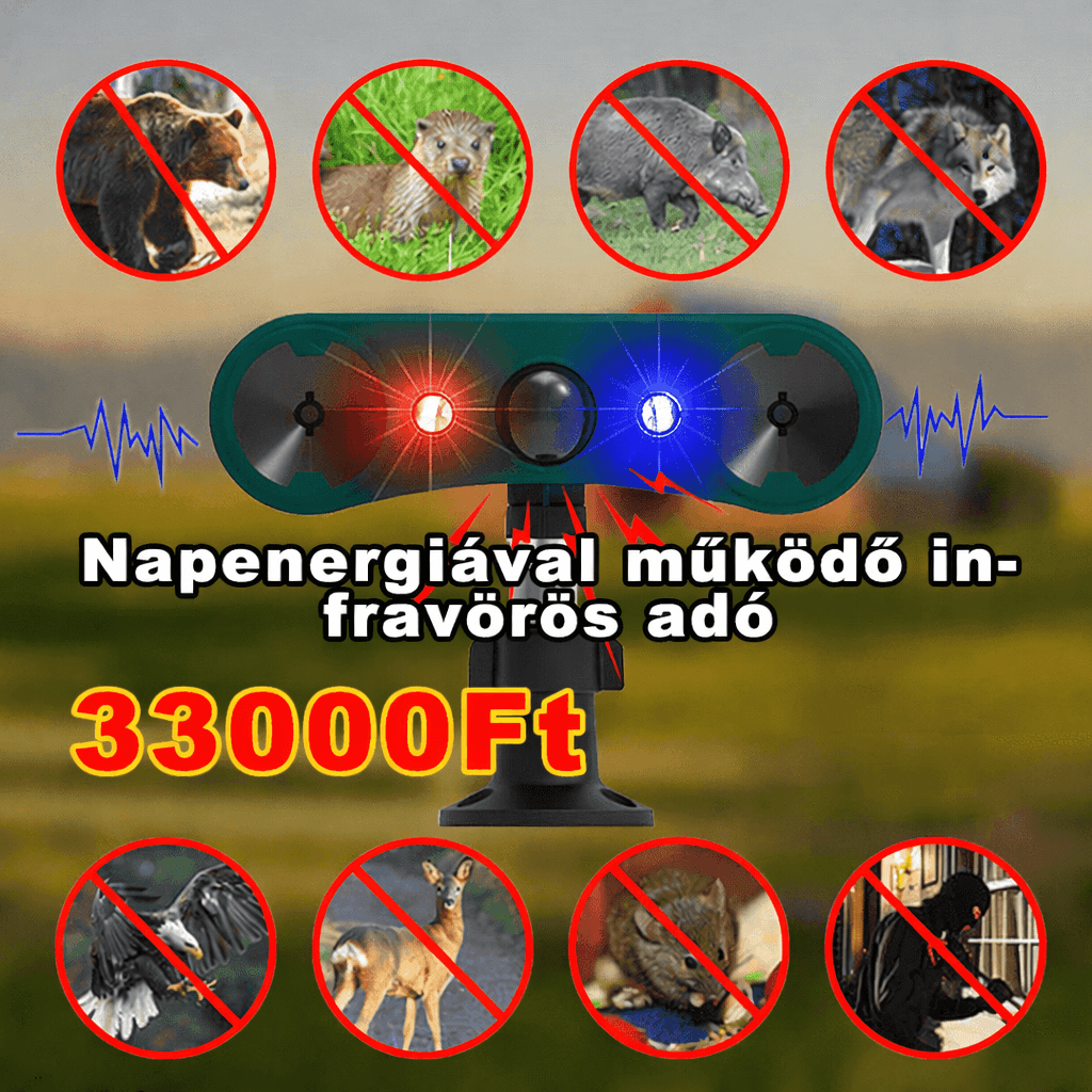Napenergiával működő, vízálló, kültéri ultrahangos állatriasztó hatékonyan távol tartja a macskákat, mókusokat, szarvasokat, kutyákat, mosómedvéket, bűzösborzokat és nyulakat. Alkalmas udvarok és kertek védelmére.